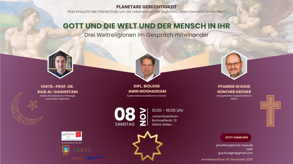 Plakat der Veranstaltung im Querformat. Es werden die Vortragenden und Datum und Ort der Veranstaltung wie im Text genannt (Samstag 8.11.2025, 10 Uhr im Johanniszentrum in Witten, Bonhoefferstr. 10). Anmeldung erbeten bis zum 5.11. per Mail an johwitten@kirche-hawi.de