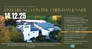 Einladung der evangelischen Kirchengemeinde Nierenhof zur Einführung von Pfarrer Jünner am 14.12., 15 Uhr, Kohlenstraße 46, Velbert