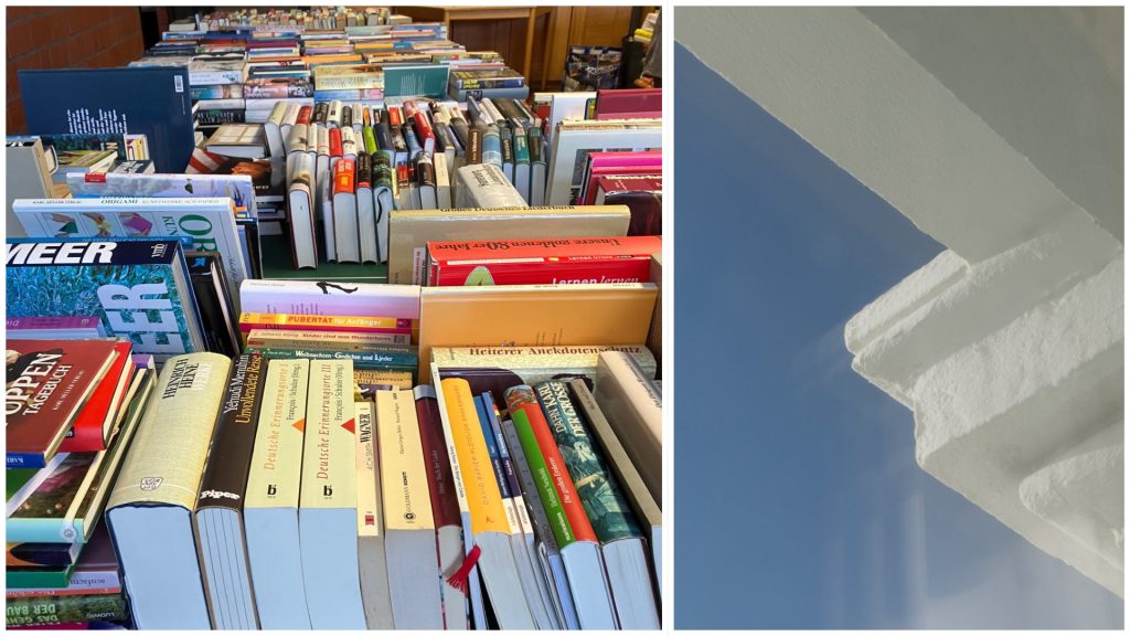 Ein kleiner Teil der angebotenen Bücher und ein kleines Detail der Fassade des Hauses am Weststrand (Fotos: Kirchengemeinde an Elbsche & Ruhr; hmj)