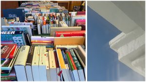 Ein kleiner Teil der angebotenen Bücher und ein kleines Detail der Fassade des Hauses am Weststrand (Fotos: Kirchengemeinde an Elbsche & Ruhr; hmj)