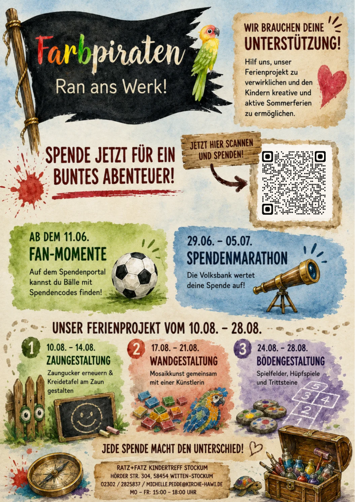 Plakat der Ferienaktion Farbpiraten mit QR-Code für Spenden