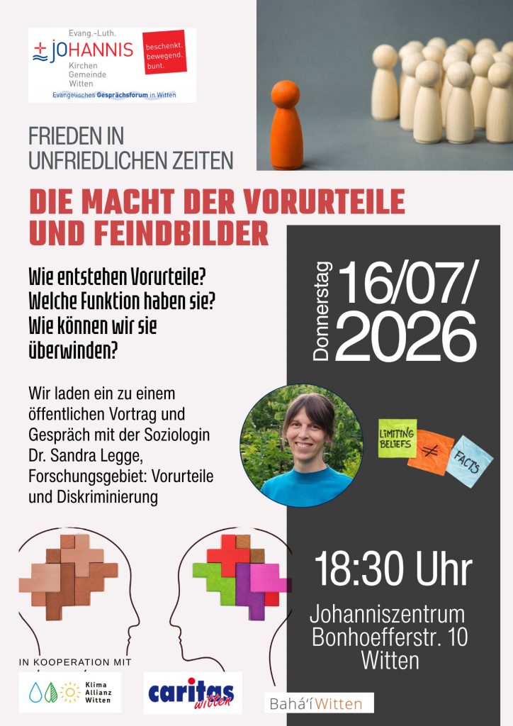 Im Rahmen der Reihe "Frieden in unfriedlichen Zeiten" lädt das Evangelische Gesprächsforum zu einem dialogischen Vortrag mit einer Expertin, der Soziologin Dr. Sandra Legge, für den 16. Juli um 18:30 Uhr in das Johanniszentrum, Bonhoefferstr. 10 in Witten-Mitte ein.