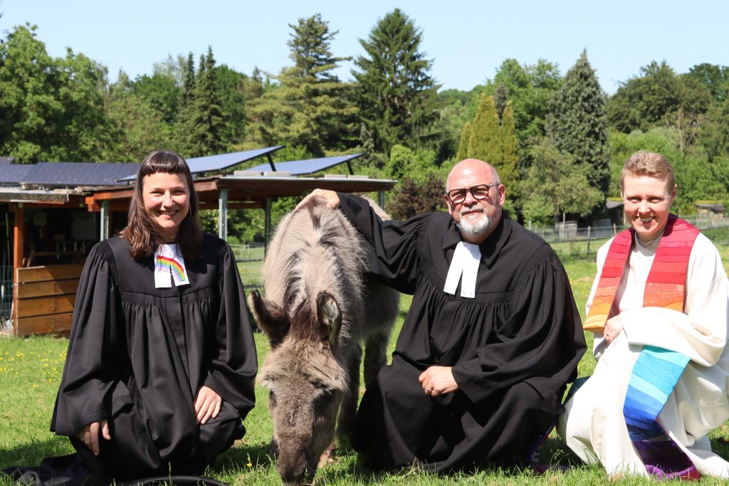 Von links nach rechts: Pfarrerin Katharina Friedrich, ein Esel als "Wappentier" der Gemeinde am Rheinischen Esel, Diakon i.A. Mark Neuhaus und Jugenddiakonin Carina Schulze (Foto: Ev. Kirchengemeinde am Rheinischen Esel)
