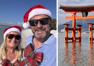 Corinna und Ludwig Nelles Weihnachten mit entsprechenden Mützen am Strand in Florida. Zweites Bild: Japan bot wieder ganz andere Eindrücke. (Alles Fotos: C. & L. Nelles)