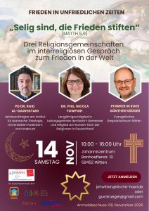 Veranstaltungshinweis zum 14. November 2026 unter der Überschrift "Selig sind, die Frieden stiften"