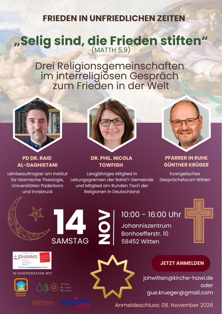 Veranstaltungshinweis zum 14. November 2026 unter der Überschrift "Selig sind, die Frieden stiften"