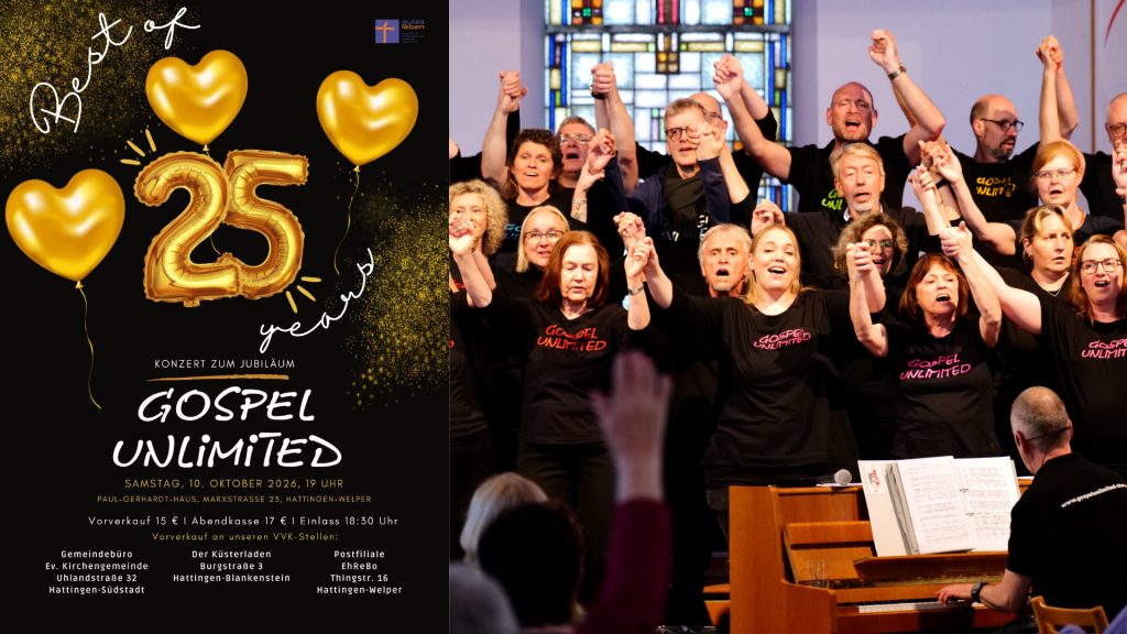 Einladung zu 25 Jahre Gospel Unlimited am Samstag 10.10.2026 um 19 Uhr im Paul-Gerhardt-Haus in Hattingen-Welper, Marxstr. 23